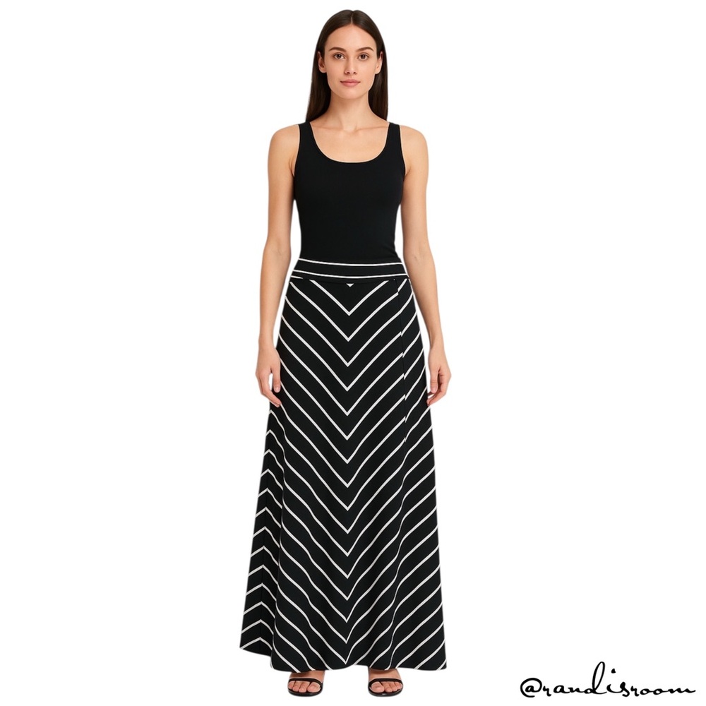 GUS Faded Glory Womens Long Stretchy Black & White Striped Maxi Skirt Sz L 12-14